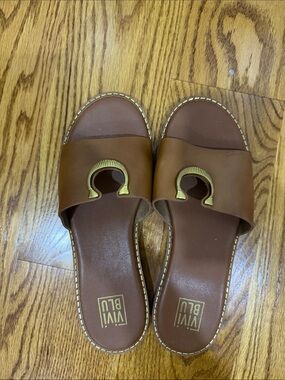 Brown Leather Slide Sandals with Gold Accent